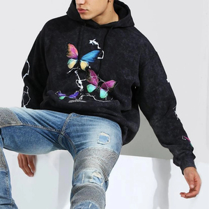 Sweat-shirt à capuche noir pour homme, coupe classique, manches ornées de strass, style streetwear, 100% coton, tissu en molleton français, écologique, hiver - Product Image 3