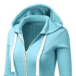 Sweat-shirt à capuche zippé bleu clair pour femme, manches longues, en coton tricoté et fibre de bambou, respirant, couleur unie, idéal pour l'automne - Product Image 3
