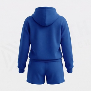 Conjunto de Sudadera con Capucha y Pantalones Cortos de 2 Piezas para Mujer, Color Azul, Corte Holgado Informal, Felpa de Color Sólido, Largo por Encima de la Rodilla, para Primavera/Verano - Product Image 2