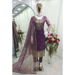 Conjunto de Top y Dupatta Morado con Bordado de Lentejuelas para Fiesta, Diseño Elegante, Talla L, para Mujer - Product Image 4