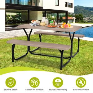 Outdoor Picnic <b>Table</b> <b>and</b> <b>Bench</b> Garden <b>Set</b> with Durable Metal Base for Picnics <b>and</b> Leisure - Product Image 5
