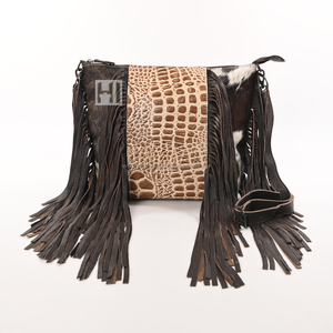 Sac bandoulière en cuir de vache véritable et cuir d'alligator, sac à franges pour femmes de style western - Product Image 1