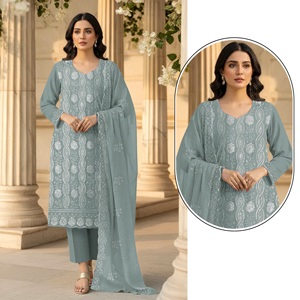 Nuevo y Moderno Traje Pakistaní de Georgette Sintético con Bordado Pesado y Lentejuelas, Salwar Kameez de Diseñador para Venta de Exportación - Product Image 1