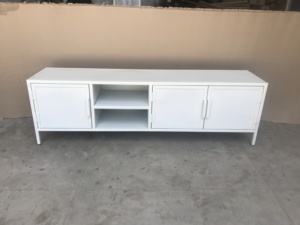Modern White TV Stand with <b>Storage</b> Shelves and <b>Cabinet</b> Doors for Living <b>Room</b> Furniture Midcentury Design - Product Image 6