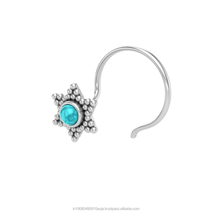 Indian Mores 925 Sterling <b>Silver</b> Round Shape Turquoise Cup Setting <b>Nose</b> Pin Stud for Women Girls - Product Image 2