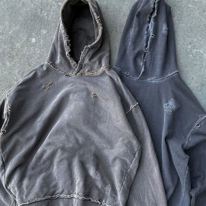 Custom Streetwear Black Hoodies Mens Blank Casual 450gsm Heavyweight French Terry Vintage Distressed Men Acid Wash <b>Zip</b> up Hoodie - Product Image 2