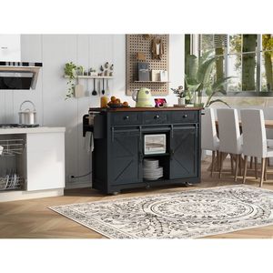 Isola da Cucina Stile Fattoria K K 53.7 Pollici con Presa di Corrente, 2 Ante Scorrevoli, Vano Portaoggetti, Ripiano Ribaltabile e Porta Spezie - Product Image 6