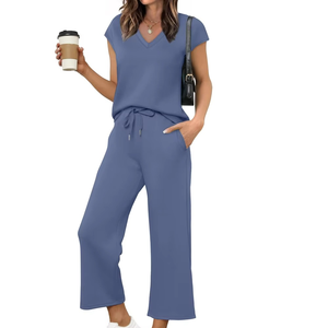 Women's Summer Lounge Tracksuit Set Loose Fit V-Neck Short Sleeve Top Wide Leg <b>Pants</b> Breathable Solid Blue Casual Wear S-XXL - Product Image 5