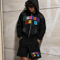 Ensemble de survêtement pour homme 100% Coton avec patch en strass, style USA, comprenant un short clouté tendance et un sweat à capuche zippé oversize avec broderie unie