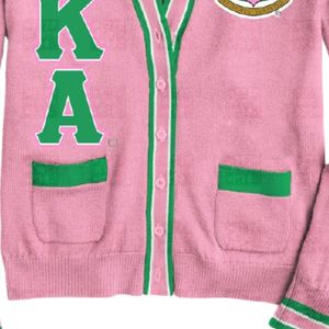 Pink Green Chenille Letter Shield <b>Cardigan</b> <b>Sweater</b> Women Soft Knit Varsity Style Button Front Embroidered Crest Casual Wear - Product Image 6