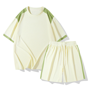 Ensemble T-shirt et short décontracté pour homme, col rond, color block, tricoté, respirant, 100 % coton, dernière collection 2026 - Product Image 2