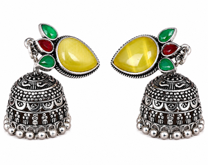 Boucles d'oreilles Jhumka en argent oxydé antique avec pierre œil de chat, bijoux traditionnels indiens faits à la main pour femmes - Product Image 3