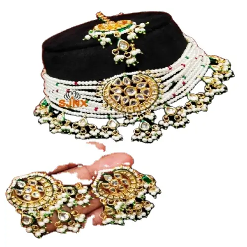 Conjunto de joyería de latón para mujer y niña, gargantilla de Kundan occidental Indo y africano Original, Moti, color blanco