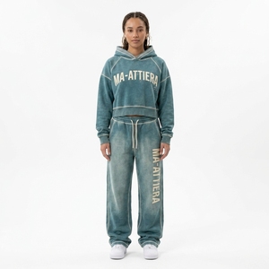 Conjunto de Sudadera Corta con Capucha y Pantalones Jogger de Pierna Ancha para Mujer, Color Verde Azulado Lavado, de Algodón y Felpa, Estilo Urbano, Venta al por Mayor OEM - Product Image 1