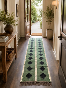 Boho <b>Green</b> Wool Jute <b>Runner</b> Rug Handmade Scandinavian Kilim <b>Carpet</b> Custom Farmhouse Corridor Hallway Entryway Floor - Product Image 5