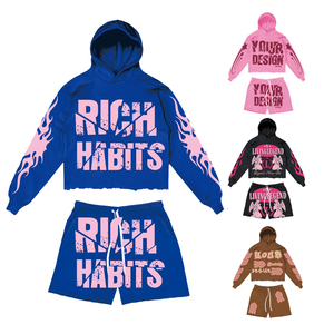 Ensemble sweat à capuche et short Rich Habits unisexe, streetwear, manches longues, cordon de serrage, coupe ample, imprimé flamme rose, 100% polyester, survêtement - Product Image 1