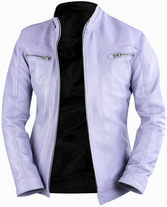 Blouson moto en cuir PU violet clair pour homme, col montant, fermeture éclair, coupe ajustée, manches classiques, idéal pour l'automne - Product Image 6