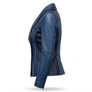 Shawl Lapel Womens Royal Blue Lambskin <b>Leather</b> <b>Jacket</b> Two Tone Fitted Slim <b>Blazer</b> Style Biker Outerwear Deep Navy - Product Image 4