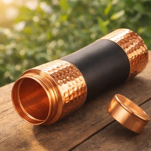 Luxury Tactile Anti Slip Solid Copper Water <b>Flask</b> Dual Segmented Hammered Trim Beaded Border - Product Image 2