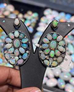 Natural Ethiopian Opal Diamond Earring Pave Diamond Earrings 925 Sterling Silver Handmade <b>Oxidized</b> Dongle Diamond Earring Gift F - Product Image 4