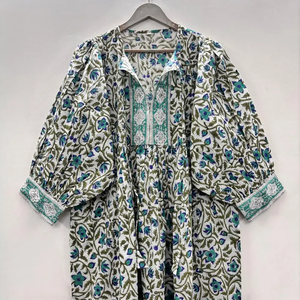 Vestido Casual Midi para Mujer, Tejido 100% Algodón, Estampado Floral Liso, Manga Corta, Cintura Imperio, Estilo Babydoll, Oversize, Cuello en V, Holgado - Product Image 1