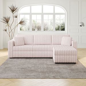 Divano Morbido Rosa Chiaro da 270 cm per 3 Persone con Elegante Pouf Sollevabile Idraulico da 78 cm, Comodo Arredamento per Soggiorno e Camere da Letto - Product Image 1