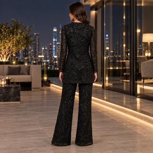 Conjunto de Dos Piezas de Lentejuelas Negras para la Noche |   Conjunto Formal de Noche con Top de Manga Larga con Abertura y Pantalones Anchos para Invitadas a Bodas y Eventos - Product Image 4