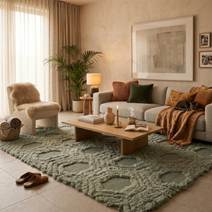 Tapis texturé sur mesure vert sauge à bords asymétriques avec motif hexagonal en nid d'abeille pour hôtel, villa, salon - Product Image 4