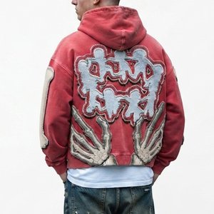 Sweat-shirt à capuche surdimensionné pour homme, personnalisé, de haute qualité, le plus vendu, avec application rouge mains squelette imprimées au dos, style streetwear, pour l'automne - Product Image 1