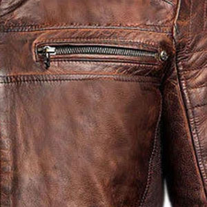 Men's Genuine Leather Motorcycle Jacket Stand Collar Zipper Closure Moto Style Autumn Slim Fit Brown - Product Image 4