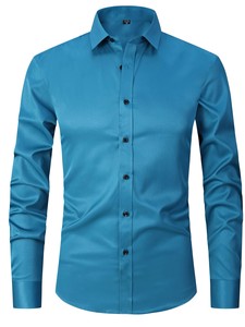 Chemise habillée en satin de soie bleue pour homme, manches longues, col rabattu, formelle, infroissable, couleur unie, boutonnée - Product Image 2
