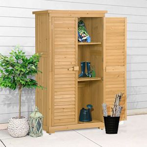 Casetta da Giardino a 3 Livelli in Legno con Design a Persiana in Abete, Armadio Contenitore da Esterno per Patio, Organizer con Serratura - Product Image 1