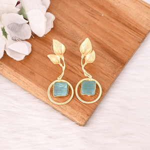Handmade Gold Plated Green Cat's Eye Gemstone Brass Earrings Trendy Fashion <b>Statement</b> Jewelry for Women - Product Image 2