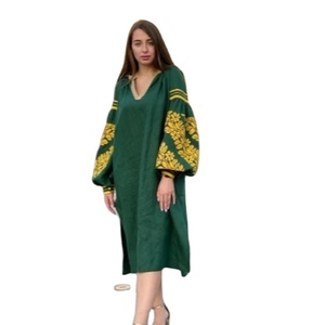 Robe longue mi-longue brodée ukrainienne pour femmes de qualité supérieure belles tailles en vrac fil d'argent doré travail tissé naturel - Product Image 1