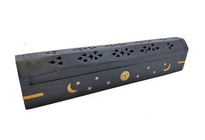 Boîte à encens en bois noir Steen faite à la main avec motif lune et étoile pour usage religieux, diffuseur d'aromathérapie en bois de style chinois - Product Image 4