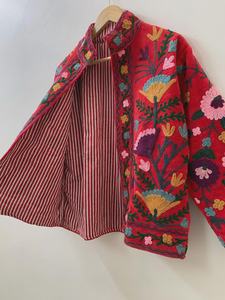 Veste en velours brodé de fleurs faites à la main Suzani manteau d'hiver bohème avec rembourrage en coton Design tricoté respirant - Product Image 2