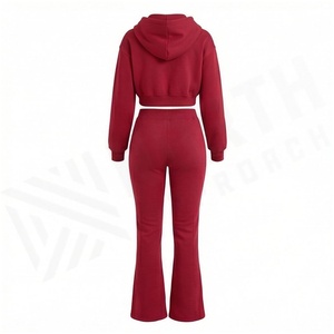 Women Red Hooded <b>Zipper</b> Crop <b>Top</b> & Full Length Sweatpants Tracksuit Set Casual Solid Color Autumn Wear - Product Image 2