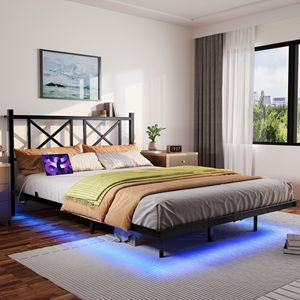 Queen Size Floating Metal <b>Bed</b> <b>Frame</b> with Headboard Storage & USB Charging Station LED Lights Full Size <b>Platform</b> <b>Bed</b> Option - Product Image 2
