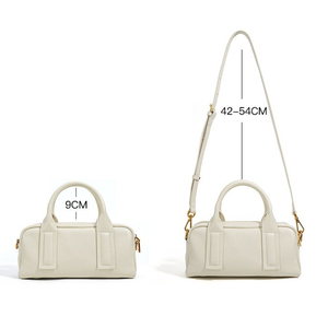 Bolso de bowling clásico de cuero genuino marrón con cierre de cremallera, dos asas, bolso de mano para mujer, bolso de uso diario de cuero. - Product Image 2