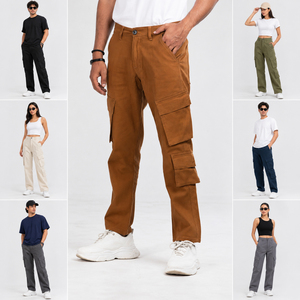Wide Leg Bangladesh Made Stock Apparels Bulk Sale <b>Elastic</b> Waist Multiple Pockets Canvas Twill Cargo <b>Trousers</b> Men Women Wear Lot - Product Image 4