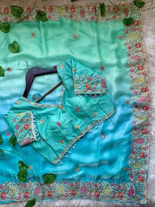 Sari en satin brodé Satin Grace, Sari en satin Aarco Elegance, Sari en satin Royal Fandy, Sari en satin avec broderie de fils, Sari en soie mono de créateur Charm - Product Image 2