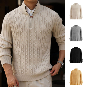 Cardigan en laine torsadée pour homme, col montant, fermeture éclair 1/4, pull d'hiver, couleur unie, manches longues, épais, anti-boulochage - Product Image 1