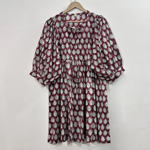 Vestido Midi Casual para Mujer, 100% Algodón Tejido, Estampado Floral, Liso, Mangas Abullonadas, Cintura Imperio, Estilo Babydoll, Cuello en V, Talla Grande - Product Image 1