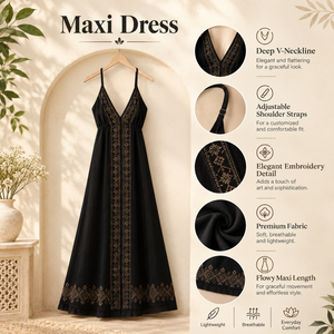 Black 100% Cotton <b>Maxi</b> <b>Dress</b> Deep V Neck Adjustable <b>Strap</b> Embroidered Boho Sleeveless Flowy Casual Beach Vacation Wear Elegant - Product Image 5