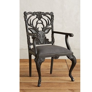Luxury Handcrafted Solid Wood <b>Dining</b> <b>Armchair</b> Ornate Deer Head Carving Matte Black Upholstered Seat - Product Image 1