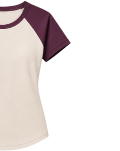 T-shirt Raglan Personnalisé Beige Ivoire et Violet Prune pour Femme – Col Rond Décontracté, Manches Courtes, Mélange de Coton Doux, Tendance Estivale - Product Image 4