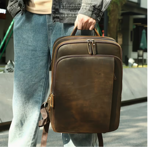 Brown Genuine <b>Leather</b> Backpack Men Casual Daily Use Adjustable Strap Zipper Closure 20-30L Capacity Solid Design Durable - Product Image 1