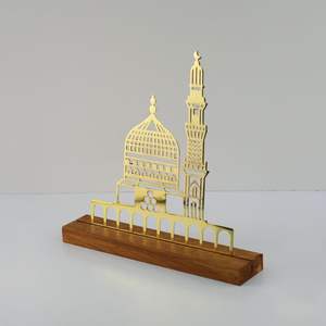 Islamic <b>Ornament</b> for Home Decor Golden Mosque Table Decor with Wooden Base for Ramadan Kareem Eid Mubarak Decoration Muslim Art - Product Image 1