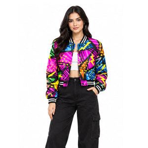 Geometric Print Varsity Jacket <b>Women's</b> Short Crop Bomber <b>Coat</b> Full Sleeve Turn-down Collar Polyester <b>Spring</b> Style - Product Image 4