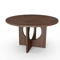 Table basse vintage ronde en bois de noyer foncé avec base à découpes géométriques, meubles de salon de style mid-century modern, pièces d'appoint